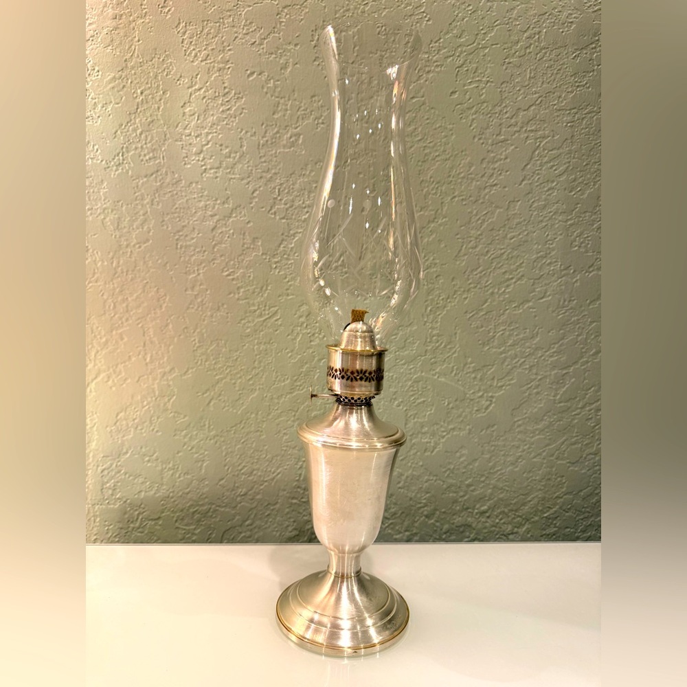 Vintage Gorham Silver Plated Oil Lamp with Etched Hurricane Shade. 17" assembled